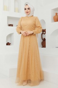 Tül Desenli Abiye - Hardal Tül Desenli Abiye - Hardal