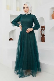 Tül Desenli Abiye - Yeşil Tül Desenli Abiye - Yeşil