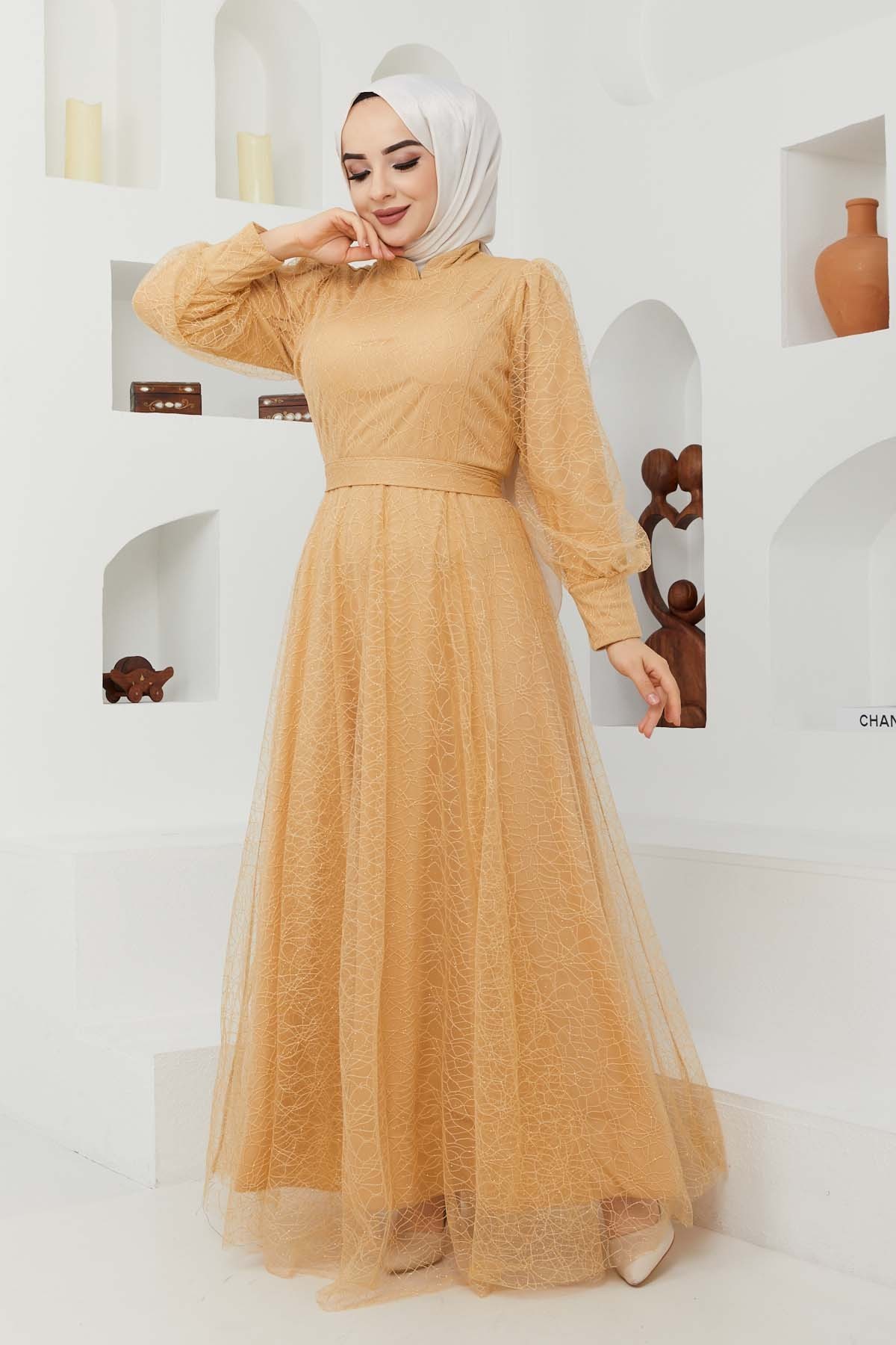 Tül Desenli Abiye - Hardal Tül Desenli Abiye - Hardal