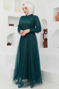 Tül Desenli Abiye - Yeşil