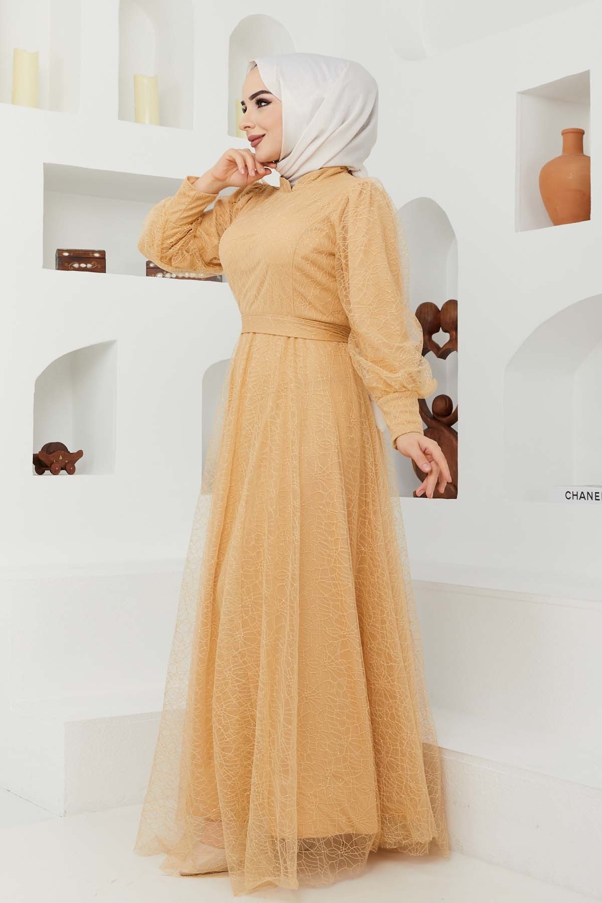 Tül Desenli Abiye - Hardal Tül Desenli Abiye - Hardal