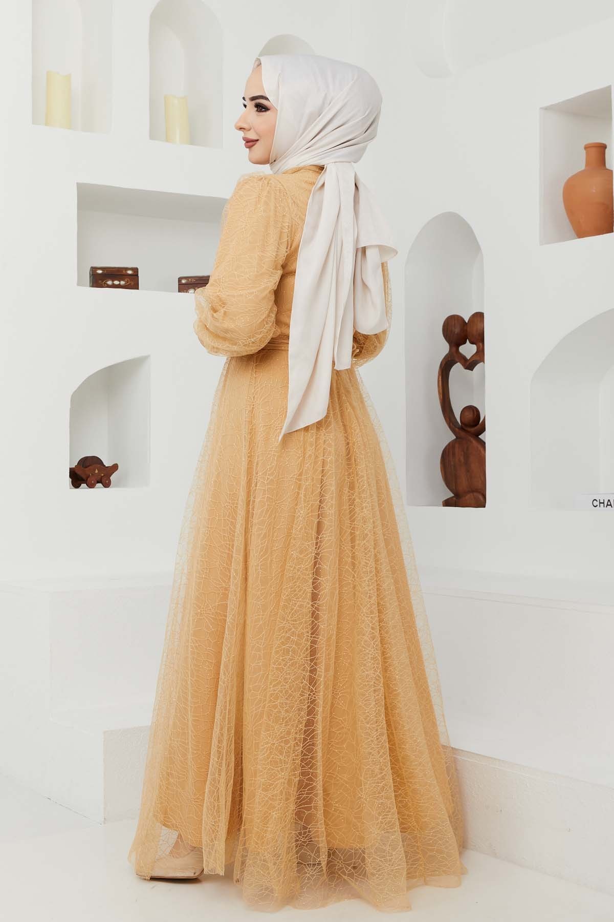 Tül Desenli Abiye - Hardal Tül Desenli Abiye - Hardal