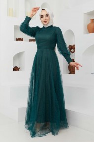 Tül Desenli Abiye - Yeşil