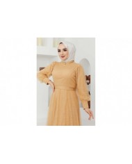 Tül Desenli Abiye - Hardal Tül Desenli Abiye - Hardal