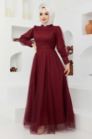 Tül Desenli Abiye - Bordo Tül Desenli Abiye - Bordo