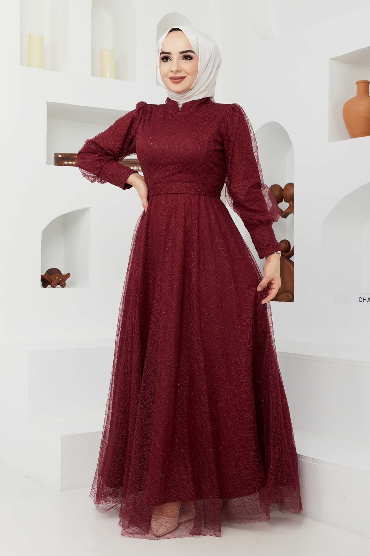 Tül Desenli Abiye - Bordo