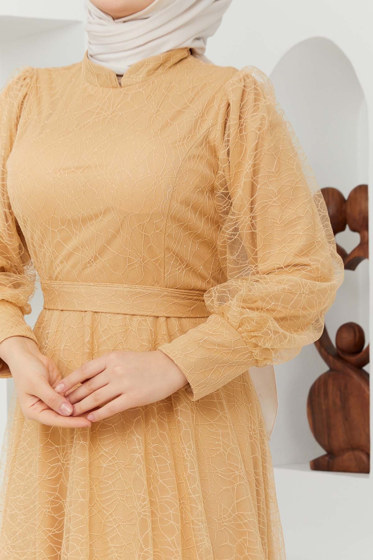 Tül Desenli Abiye - Hardal Tül Desenli Abiye - Hardal