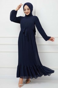 Pilise Detaylı Şifon Elbise -Lacivert