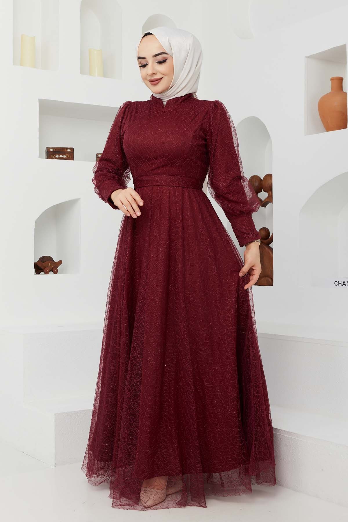 Tül Desenli Abiye - Bordo