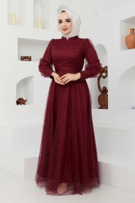 Tül Desenli Abiye - Bordo