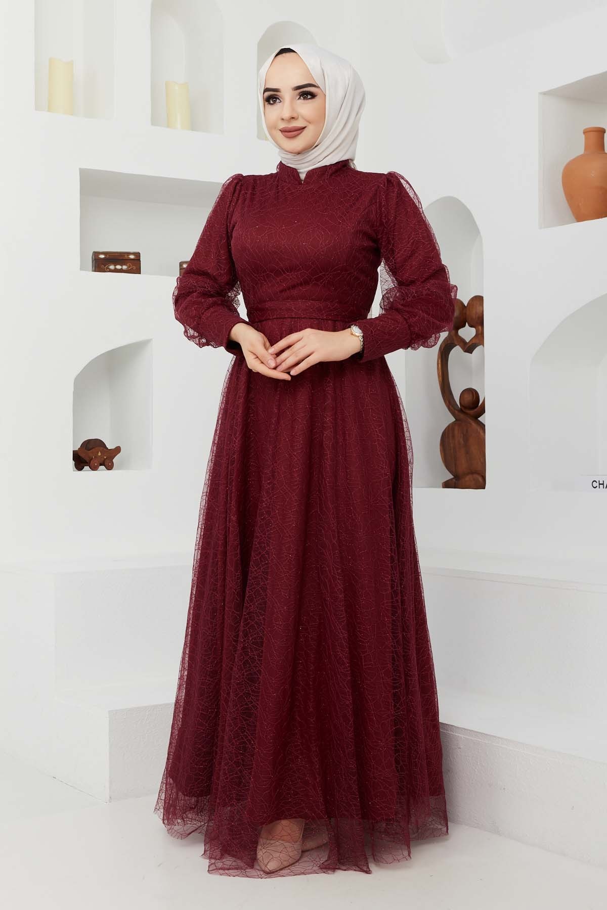 Tül Desenli Abiye - Bordo