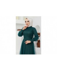 Tül Desenli Abiye - Yeşil