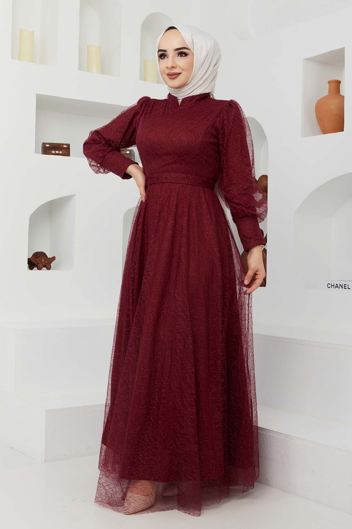 Tül Desenli Abiye - Bordo