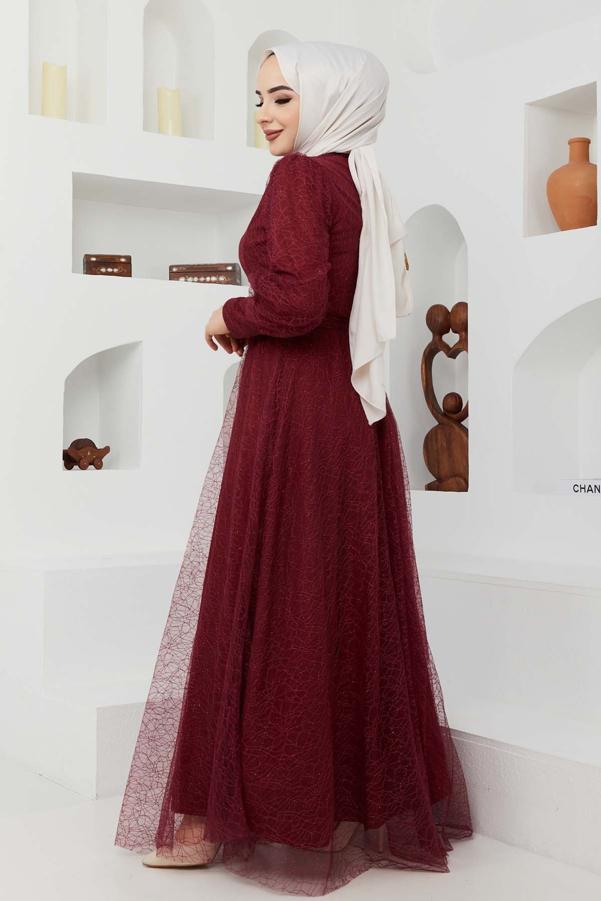 Tül Desenli Abiye - Bordo