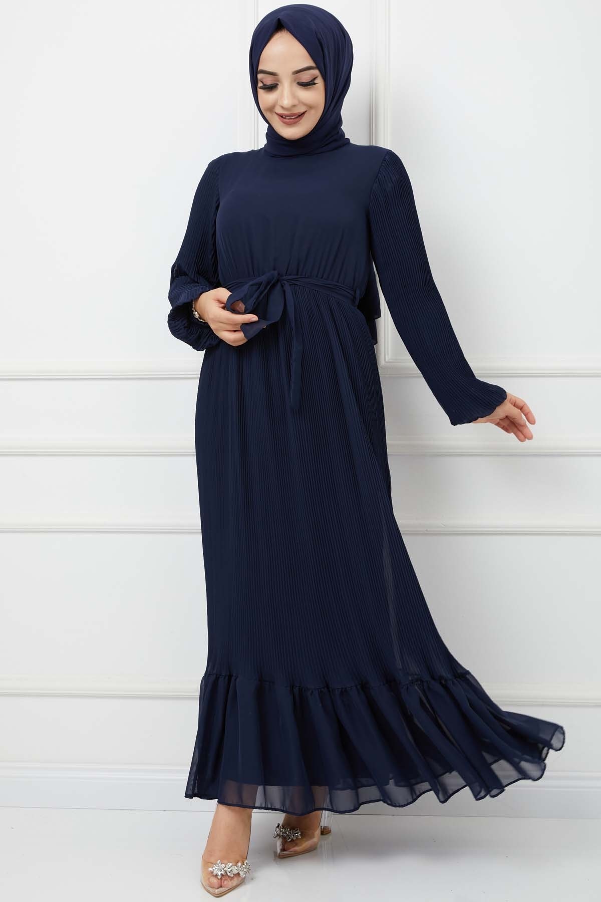 Pilise Detaylı Şifon Elbise -Lacivert