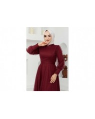 Tül Desenli Abiye - Bordo