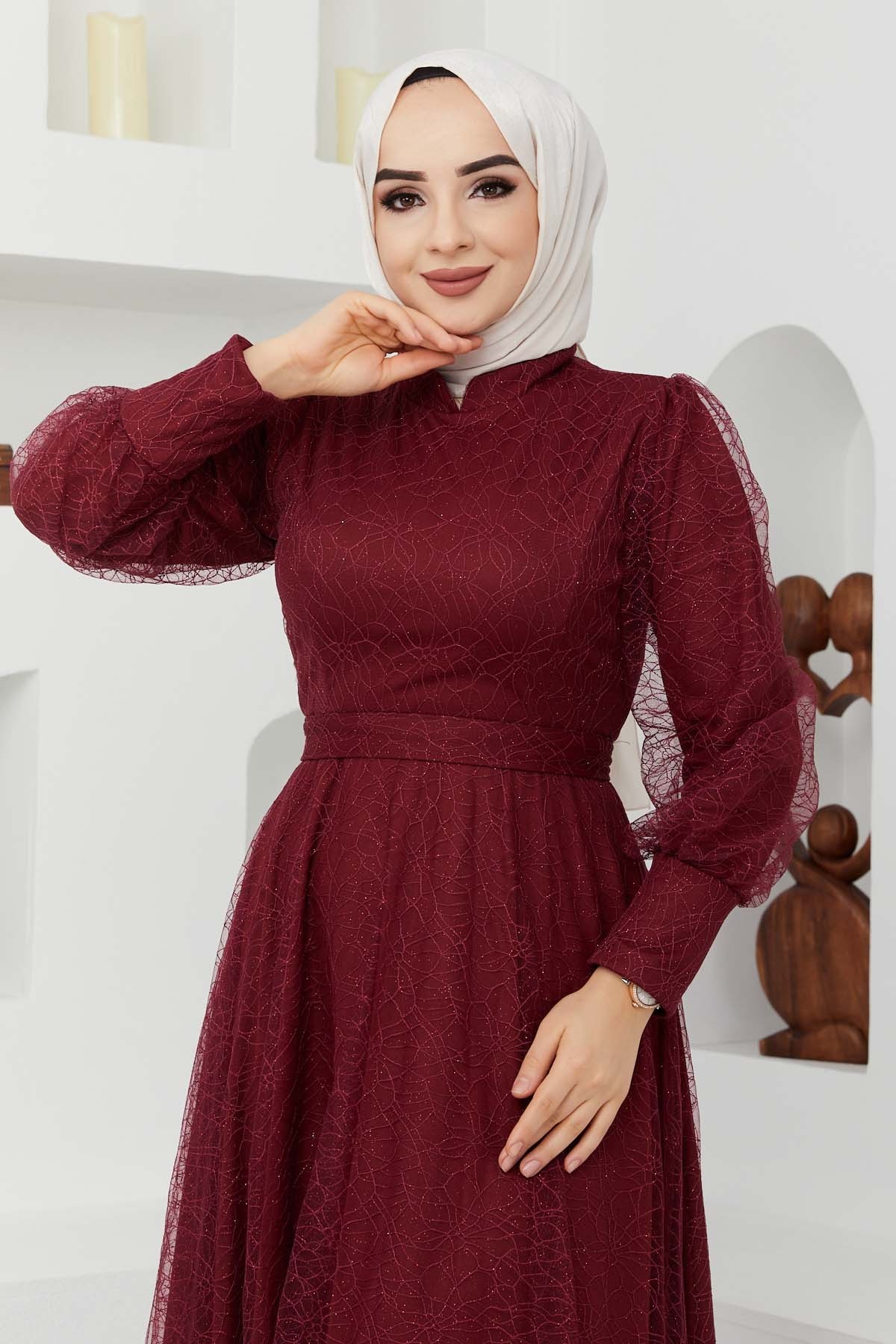 Tül Desenli Abiye - Bordo