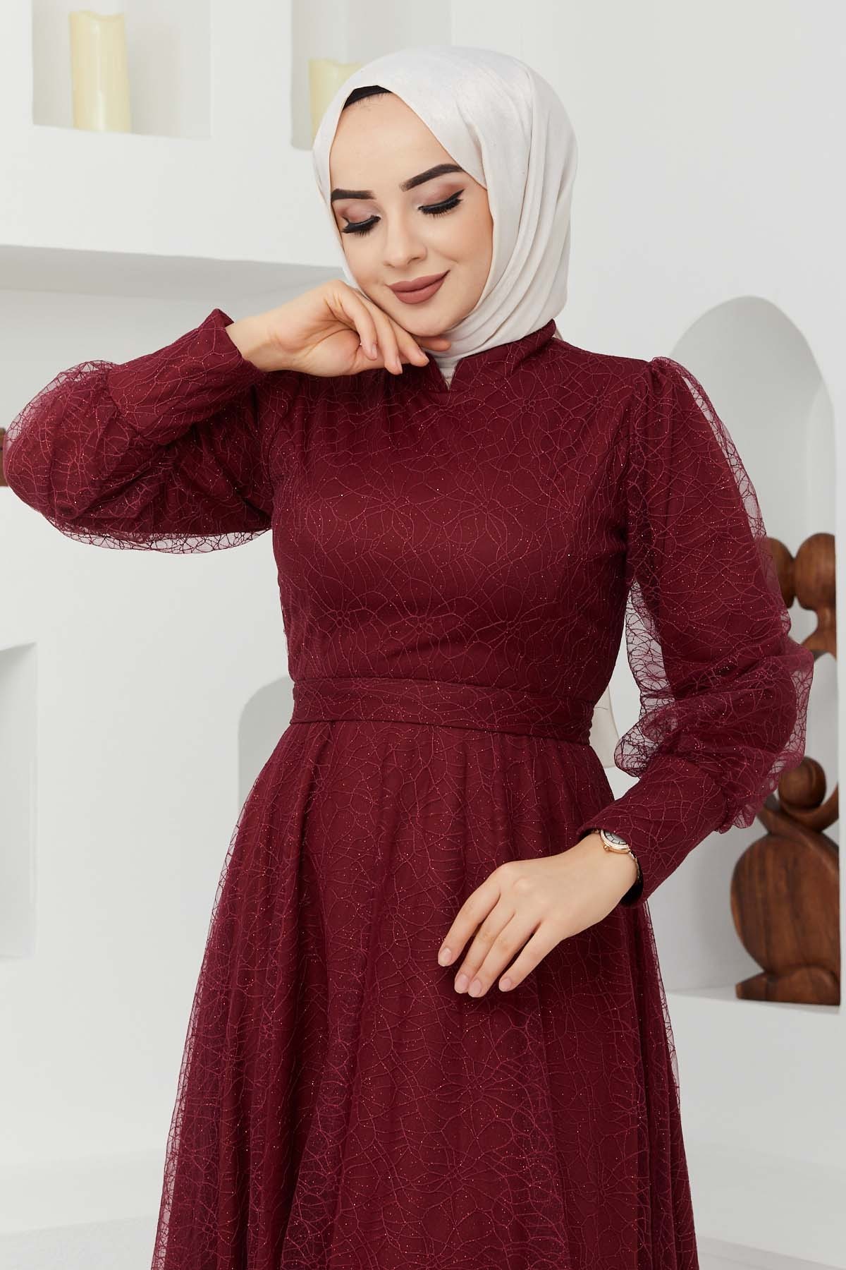 Tül Desenli Abiye - Bordo