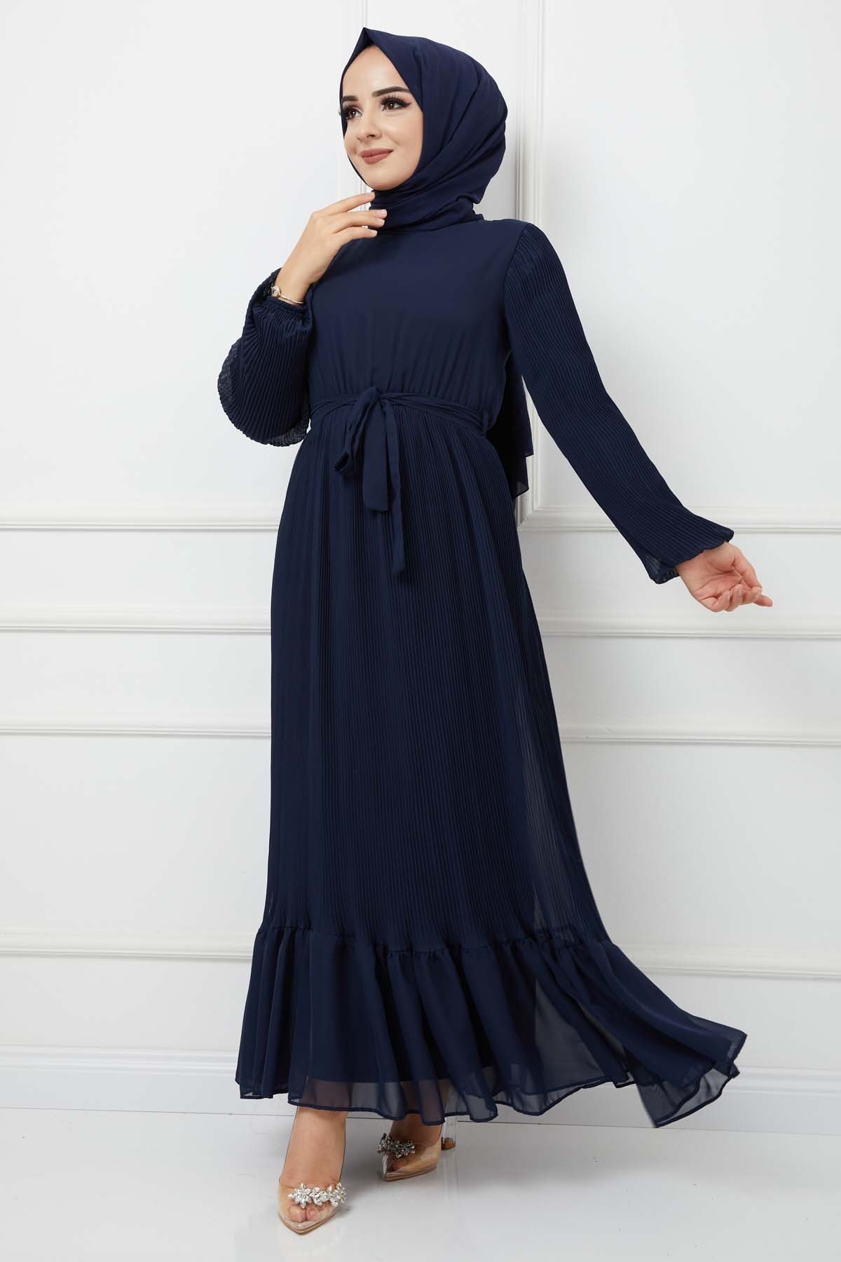 Pilise Detaylı Şifon Elbise -Lacivert