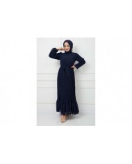 Pilise Detaylı Şifon Elbise -Lacivert