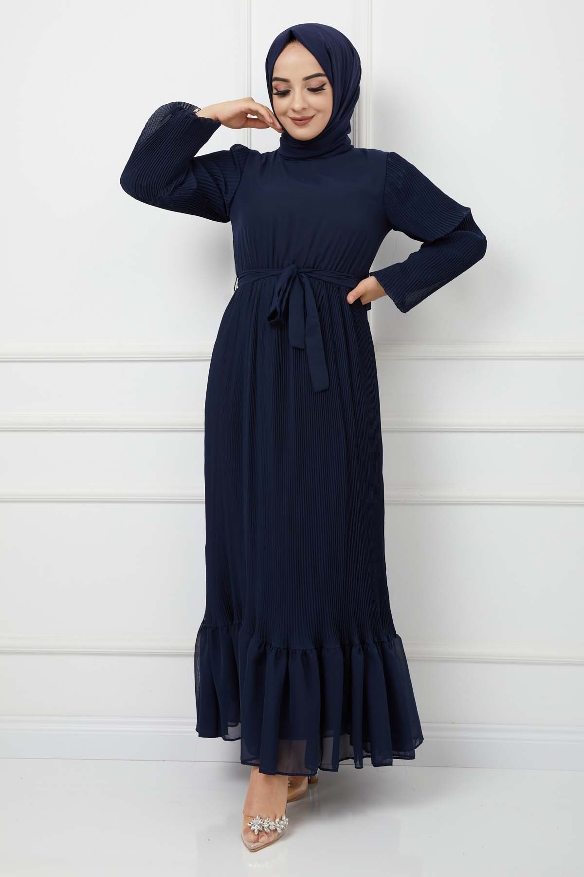 Pilise Detaylı Şifon Elbise -Lacivert