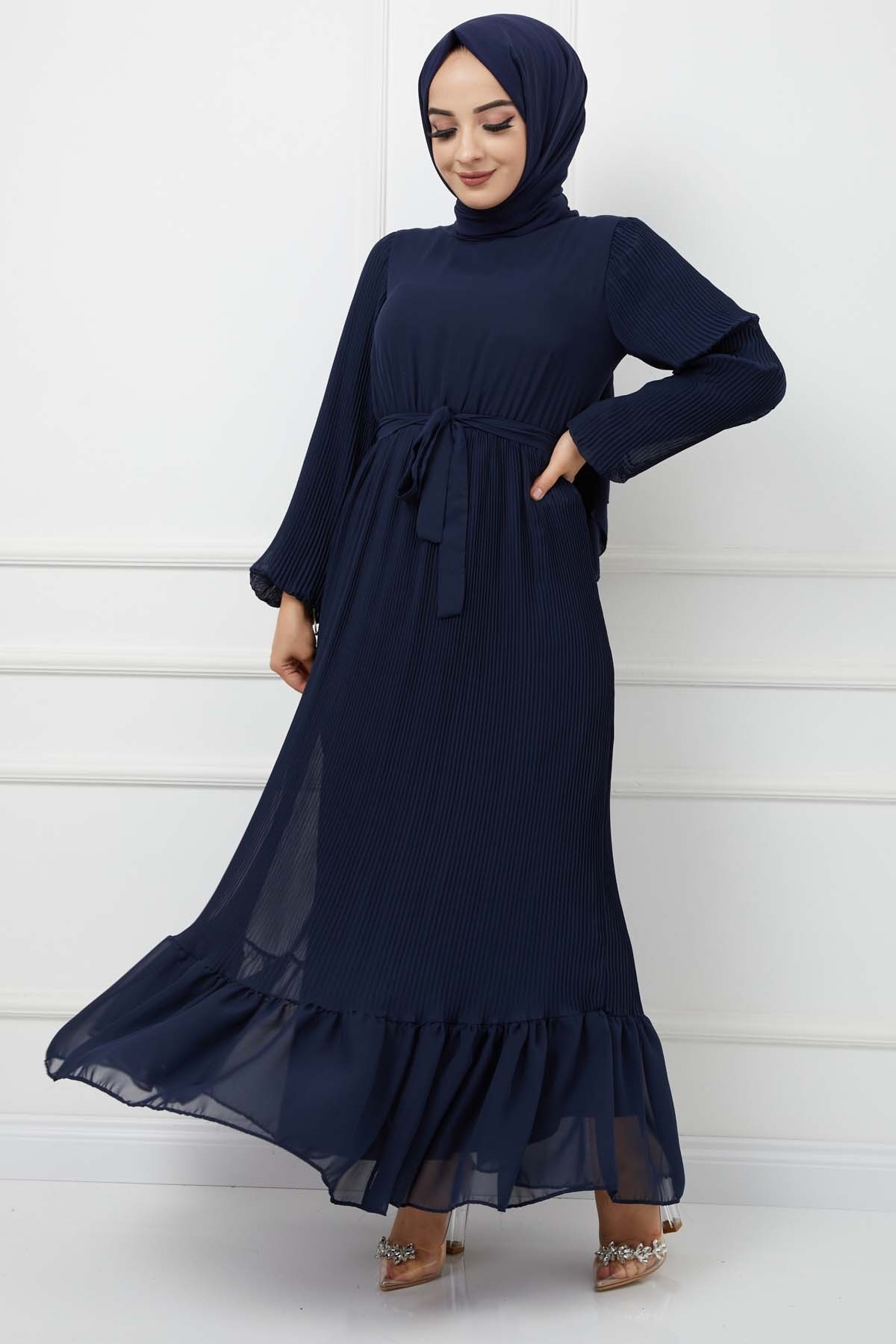Pilise Detaylı Şifon Elbise -Lacivert