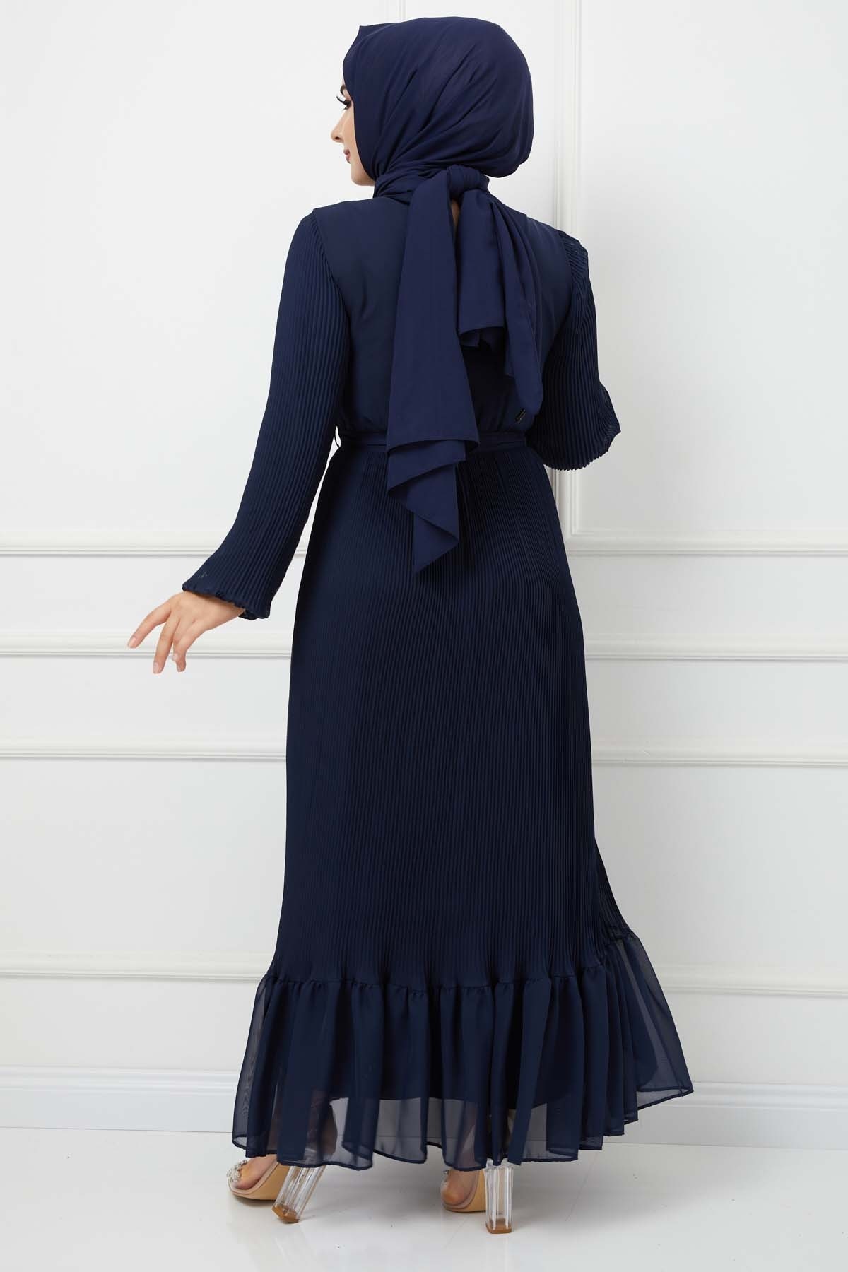 Pilise Detaylı Şifon Elbise -Lacivert