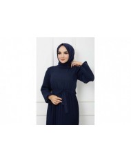 Pilise Detaylı Şifon Elbise -Lacivert