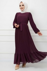 Pilise Detaylı Şifon Elbise - Mürdüm