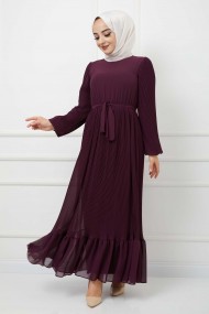 Pilise Detaylı Şifon Elbise - Mürdüm