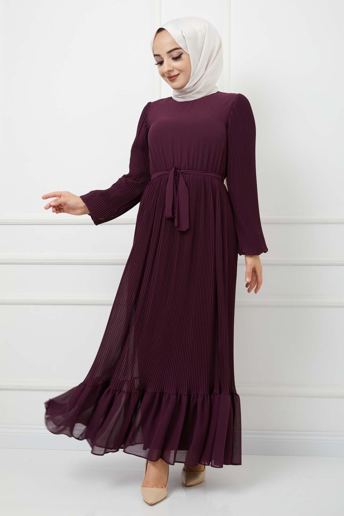 Pilise Detaylı Şifon Elbise - Mürdüm