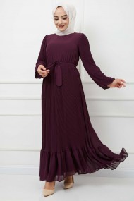 Pilise Detaylı Şifon Elbise - Mürdüm