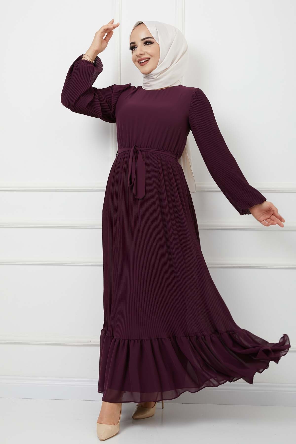 Pilise Detaylı Şifon Elbise - Mürdüm