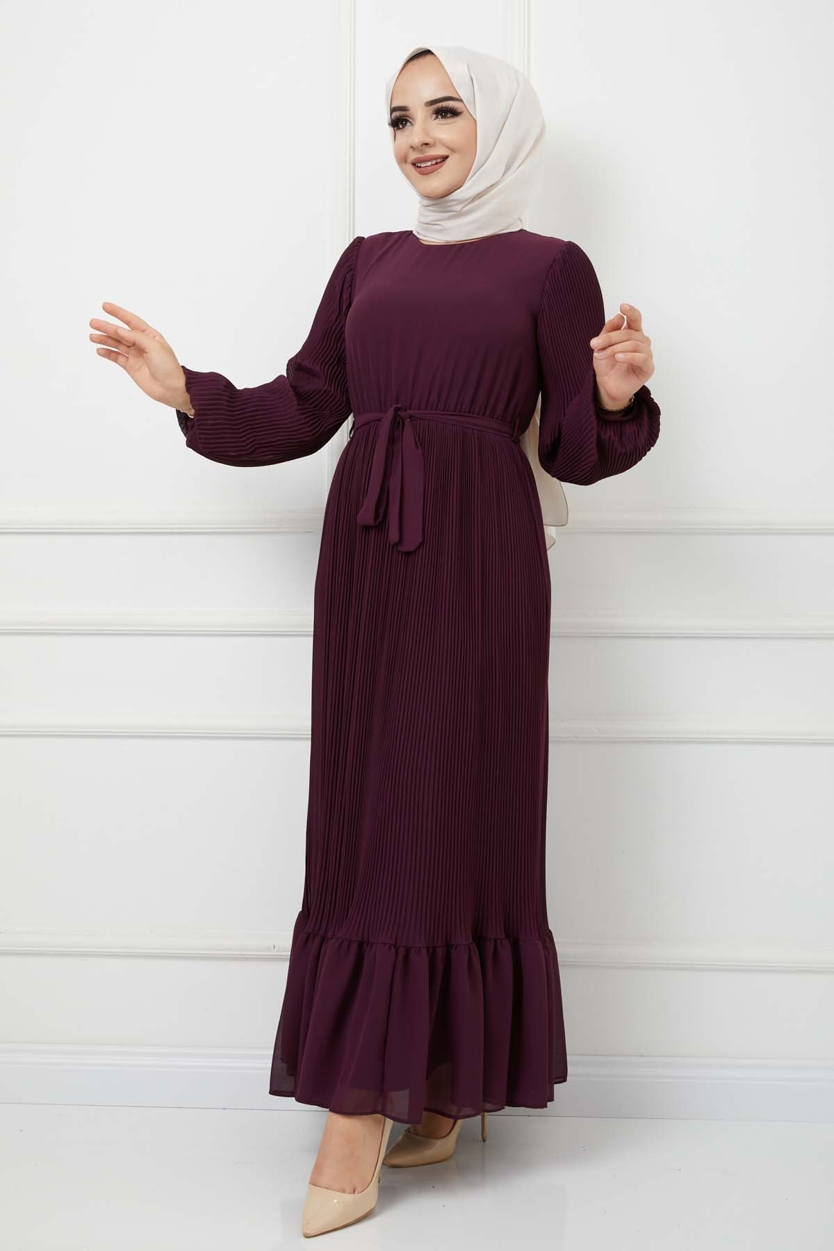 Pilise Detaylı Şifon Elbise - Mürdüm