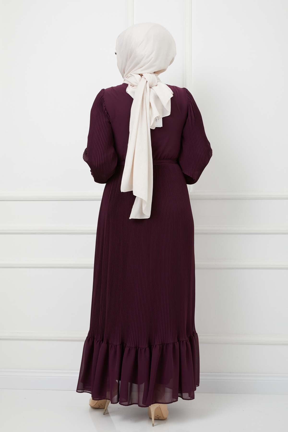 Pilise Detaylı Şifon Elbise - Mürdüm