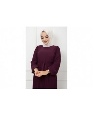 Pilise Detaylı Şifon Elbise - Mürdüm