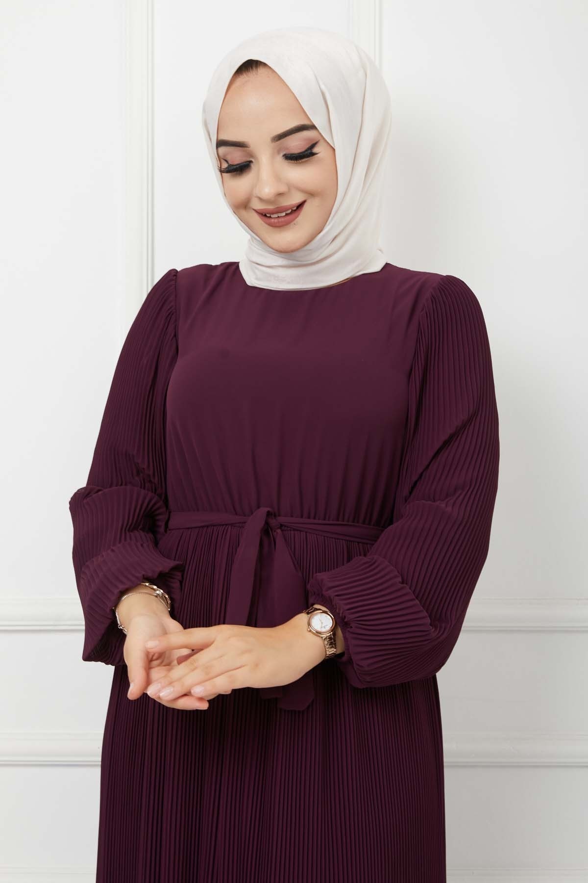 Pilise Detaylı Şifon Elbise - Mürdüm