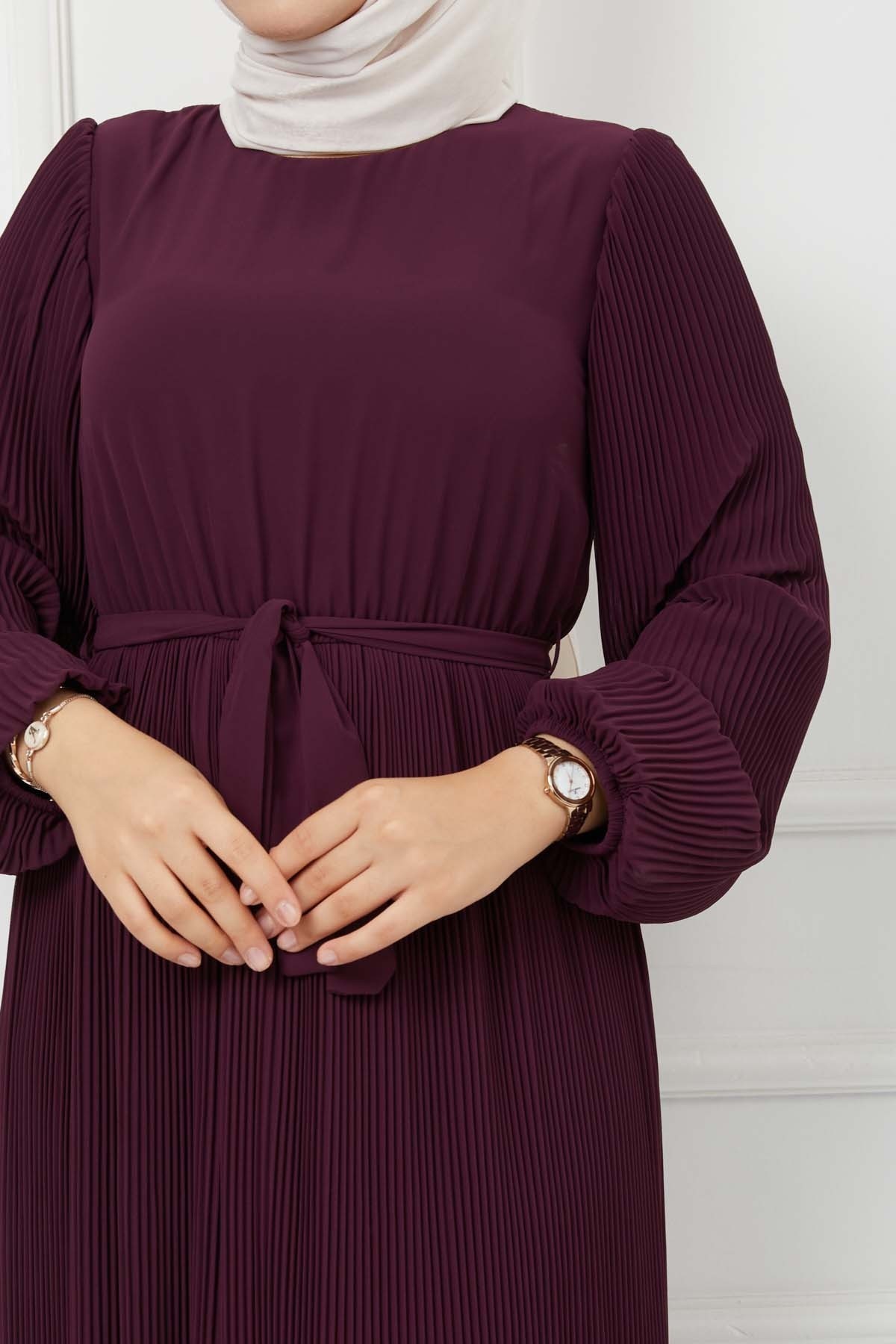 Pilise Detaylı Şifon Elbise - Mürdüm