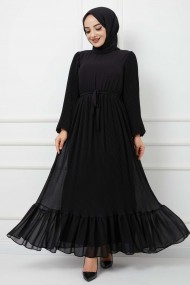 Pilise Detaylı Şifon Elbise - Siyah