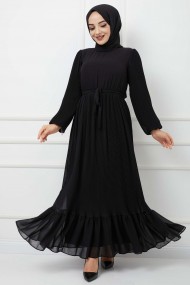 Pilise Detaylı Şifon Elbise - Siyah