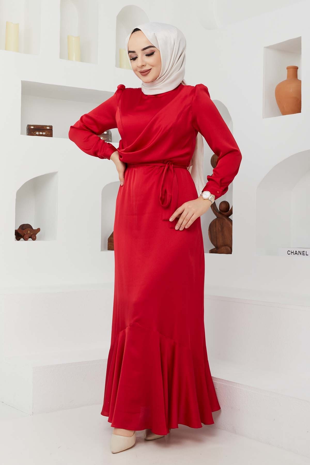 Ahu Saten Abiye - Kırmızı