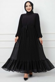 Pilise Detaylı Şifon Elbise - Siyah