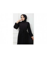 Pilise Detaylı Şifon Elbise - Siyah