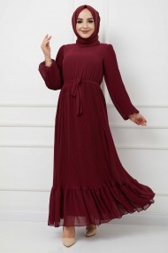 Pilise Detaylı Şifon Elbise - Bordo