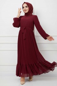 Pilise Detaylı Şifon Elbise - Bordo