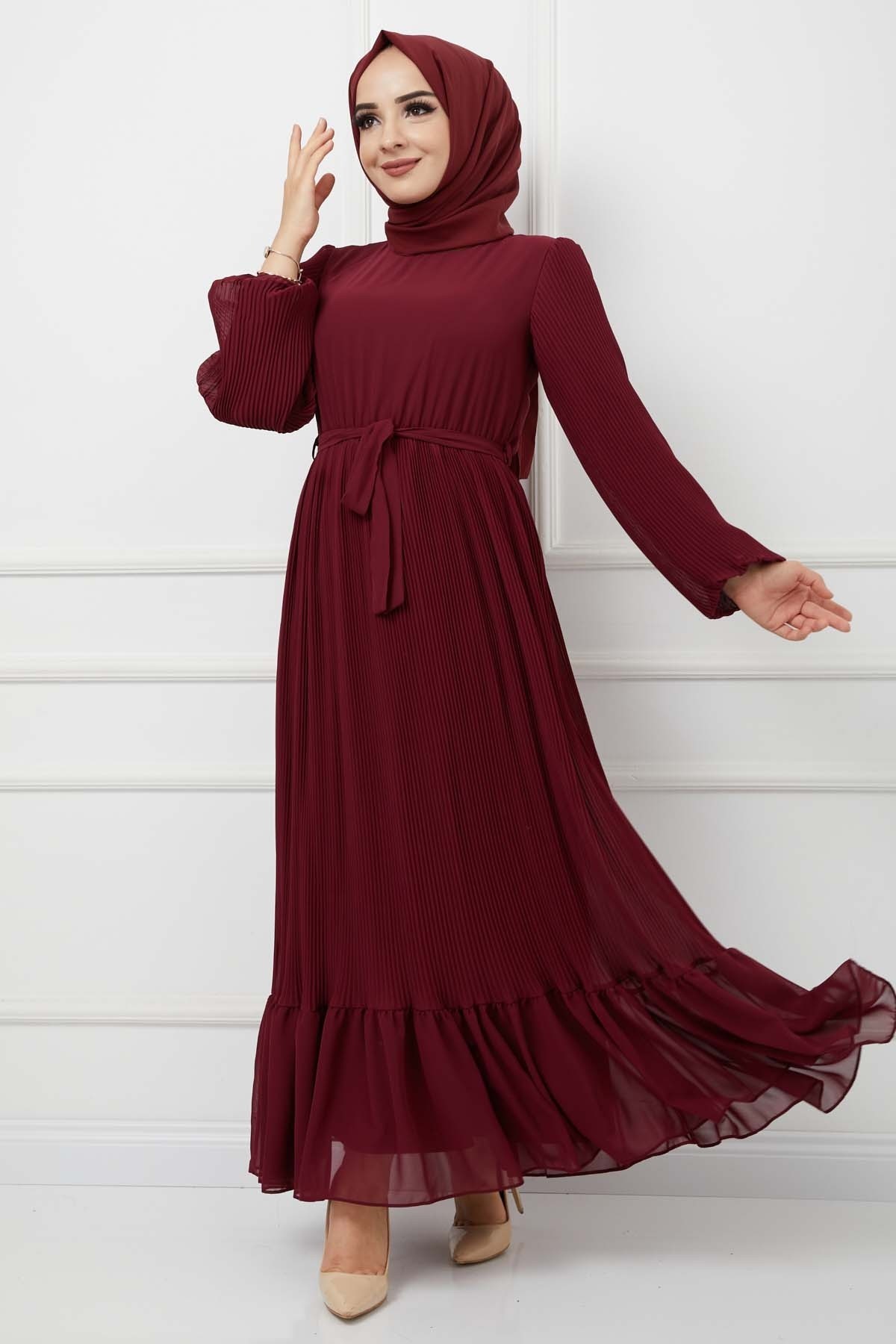 Pilise Detaylı Şifon Elbise - Bordo