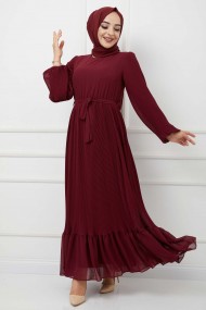 Pilise Detaylı Şifon Elbise - Bordo