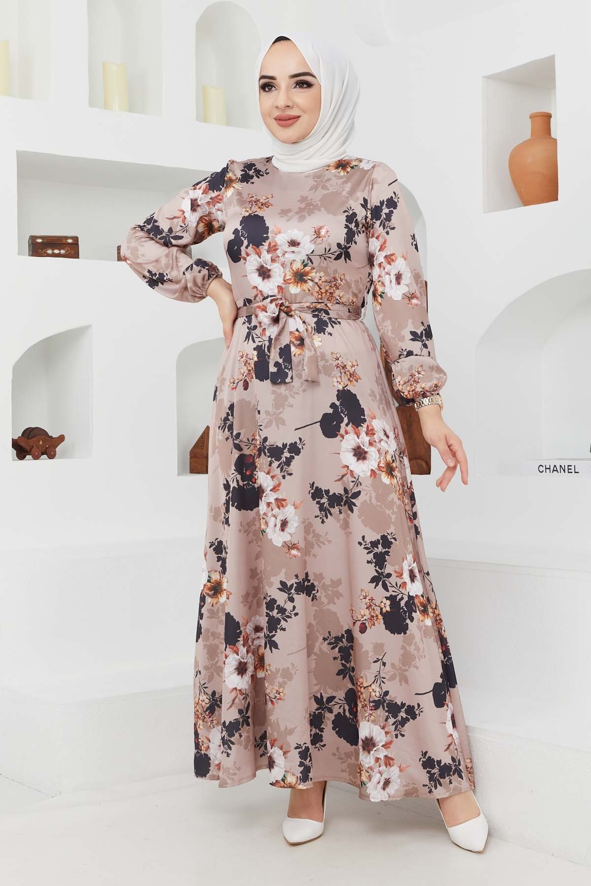 Ayşe Saten Elbise - Bej