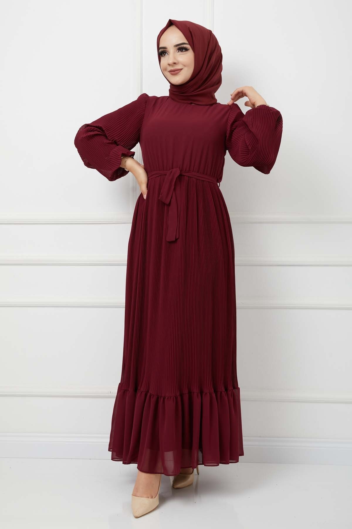 Pilise Detaylı Şifon Elbise - Bordo