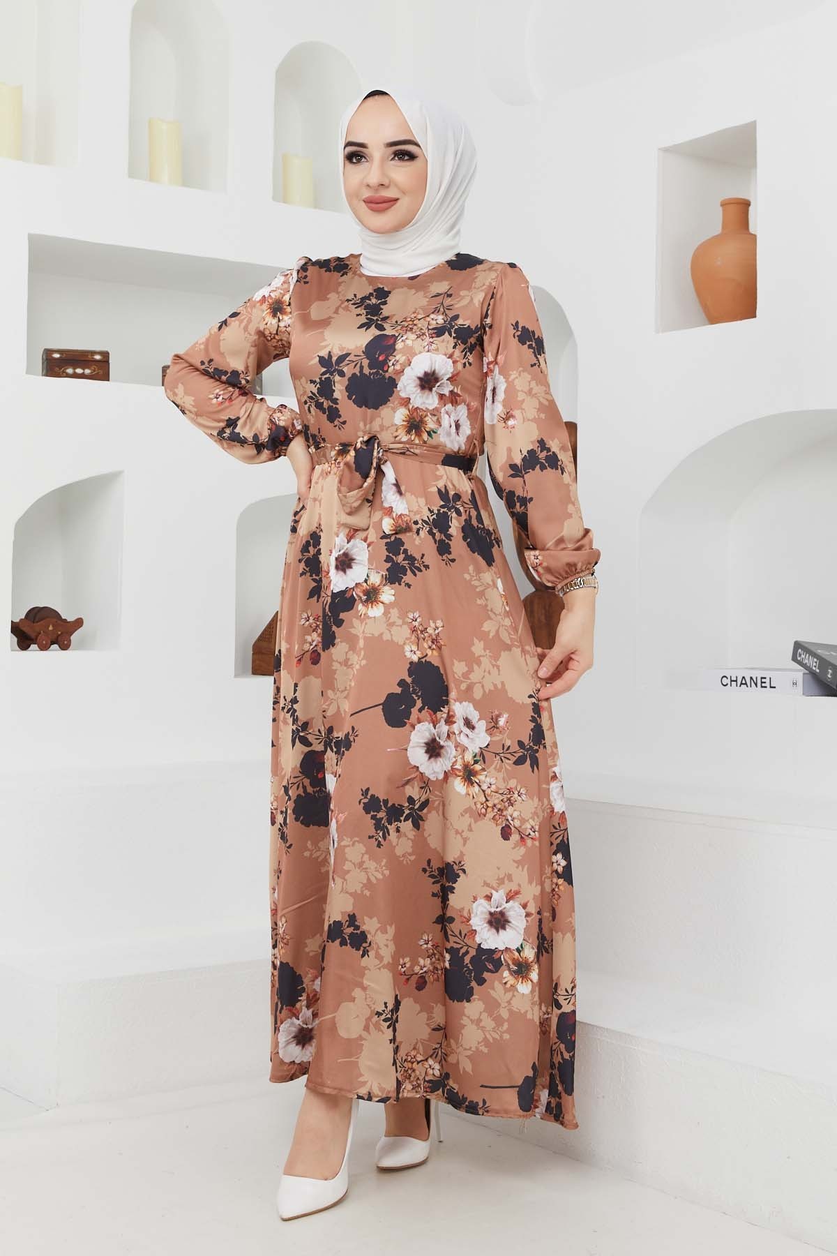 Ayşe Saten Elbise - Camel